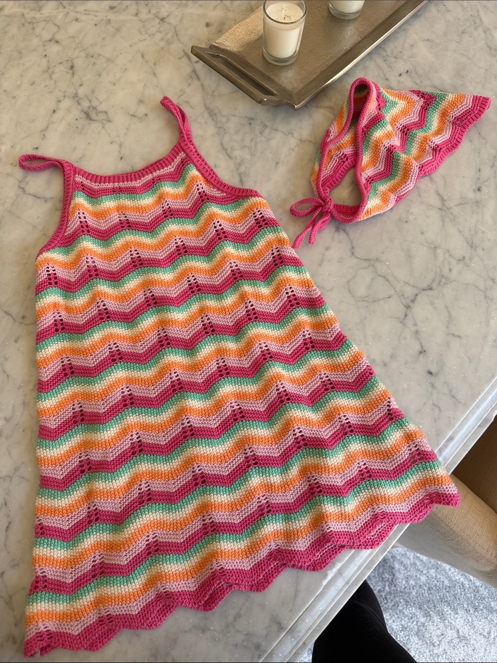 Zara Pink Multicolor Crochet Tank Dress w matching hat size 4-5 kids